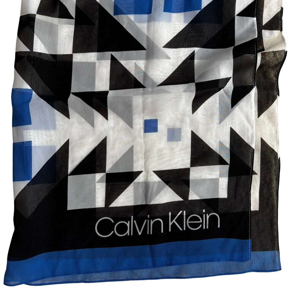 Calvin Klein sheer black white royal blue scarf geometric design wrap shawl